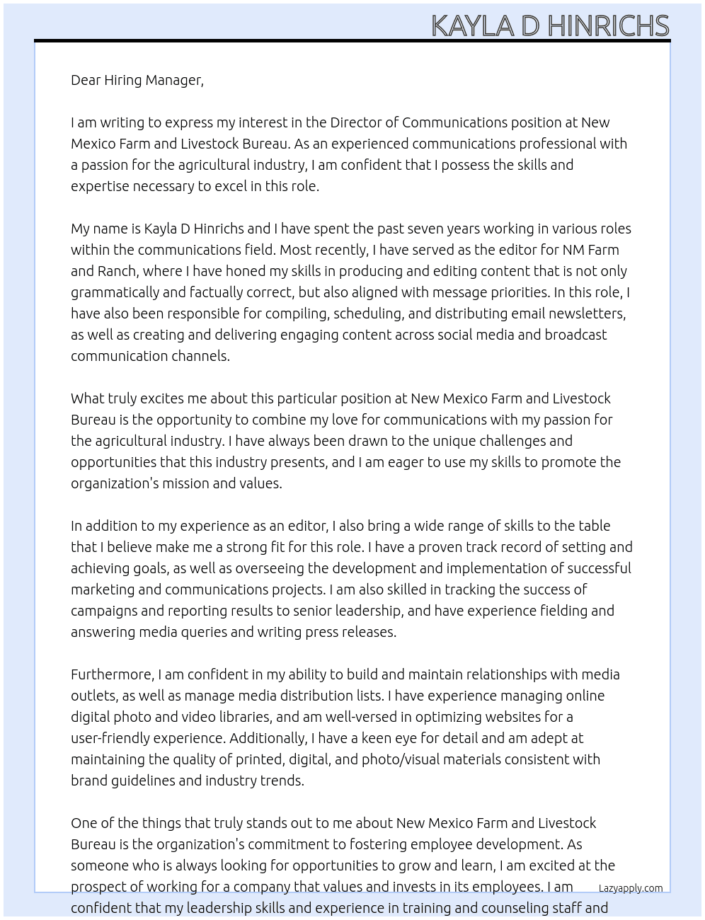 Director of Communications At New Mexico Farm and Livestock Bureau Cover Letter