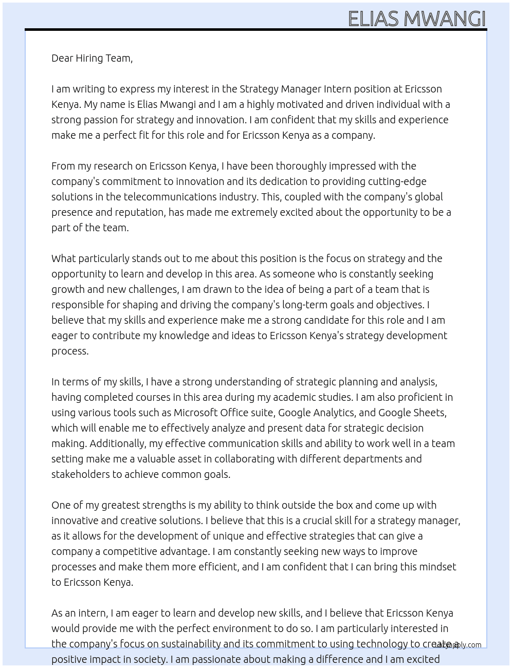 Strategy Manager Intern At Ericsson Kenya Cover Letter