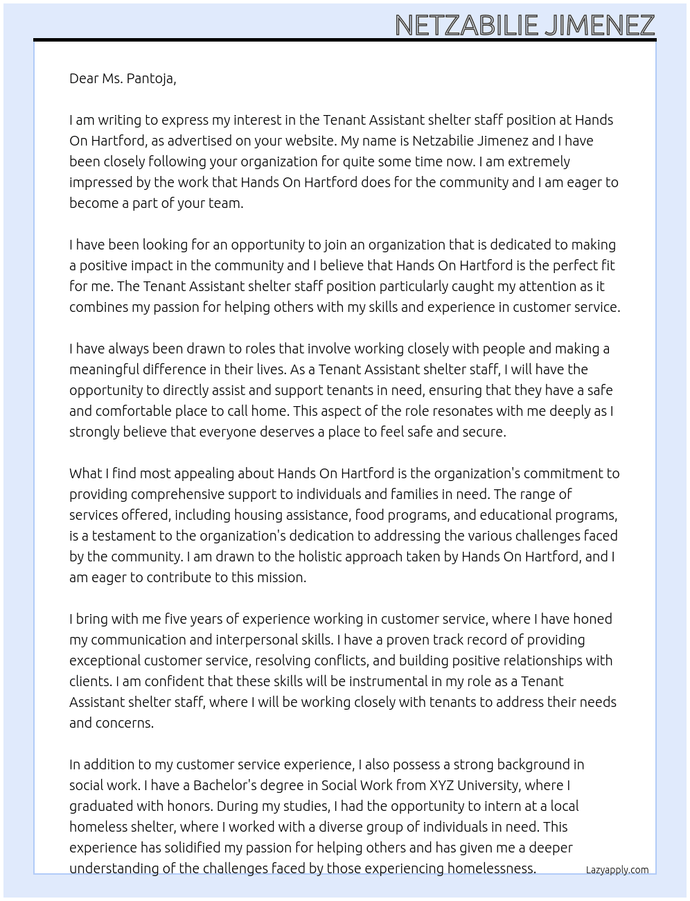 Tenant Assistant shelter staff At Hands On Hartford Cover Letter