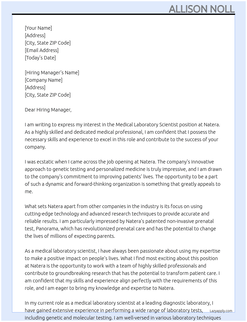 Medical Laboratory Scientist At Natera Cover Letter
