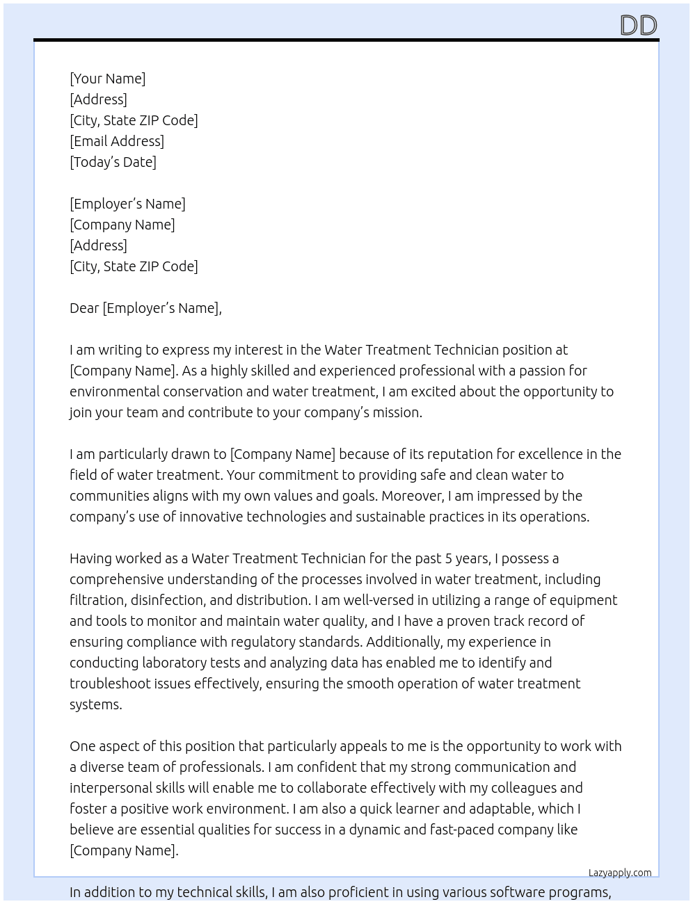 water treatment technician At ff Cover Letter
