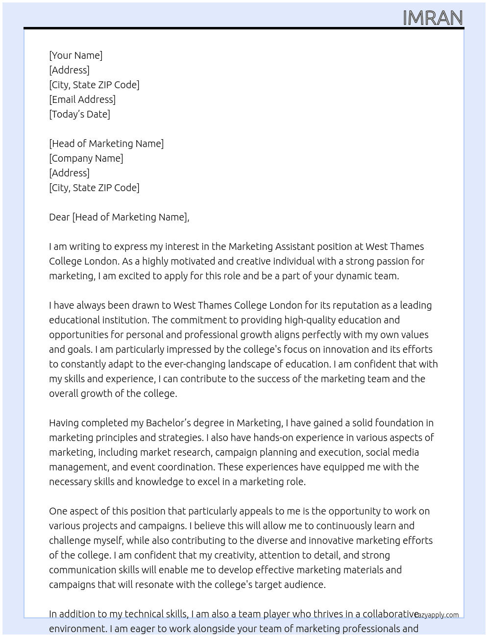 Marketing Assistant At West Thames College London  Cover Letter
