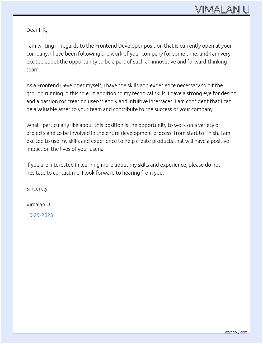Frontend Developer At Toronto, Canada Cover Letter