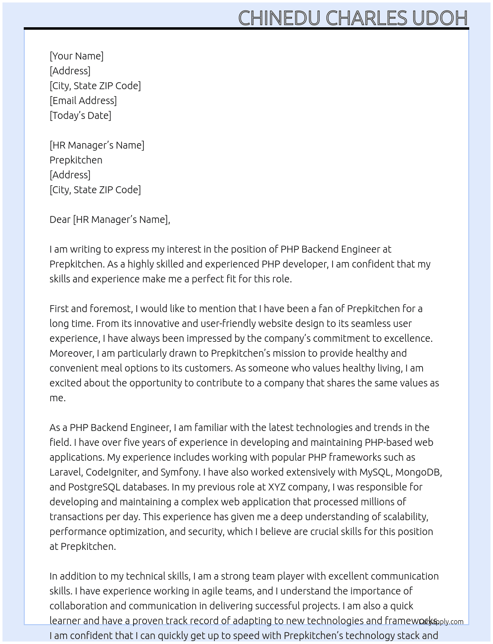 PHP Backend Engineer  At Prepkitchen  Cover Letter