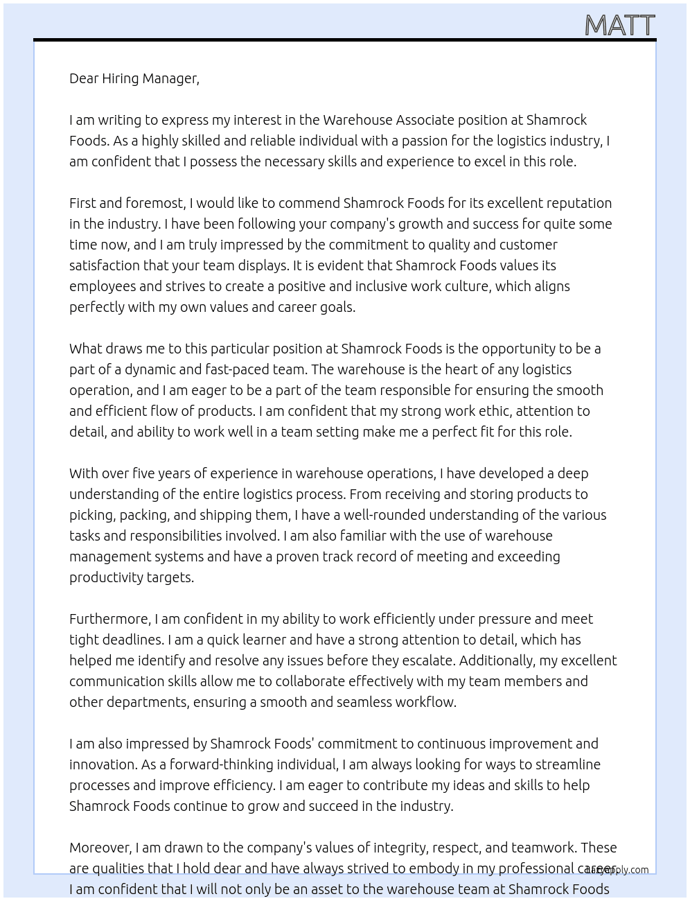Warehouse Associate At Shamrock Foods Cover Letter