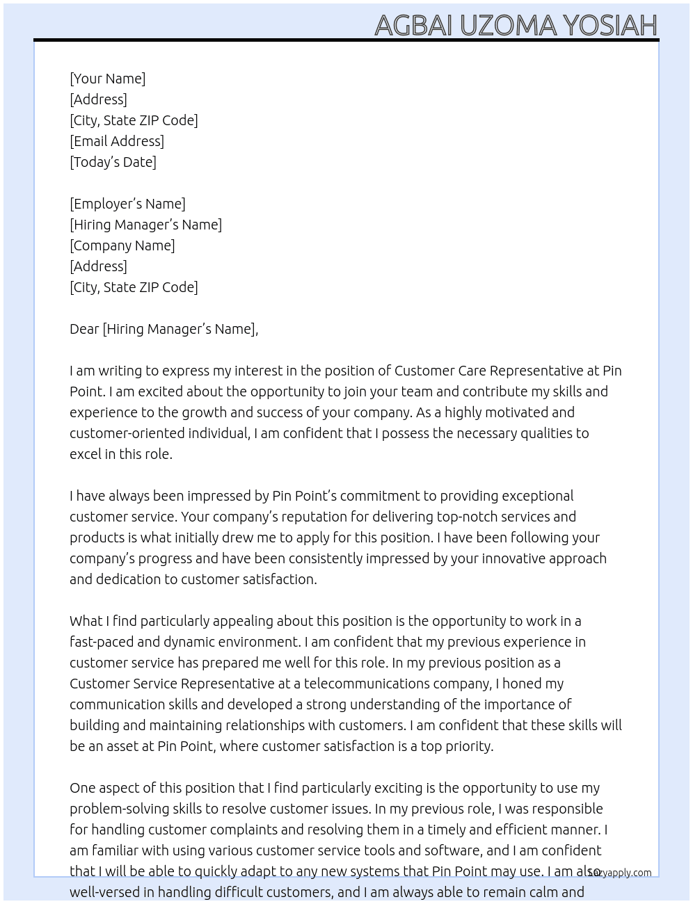 Customer Care Representative At Pin Point Cover Letter