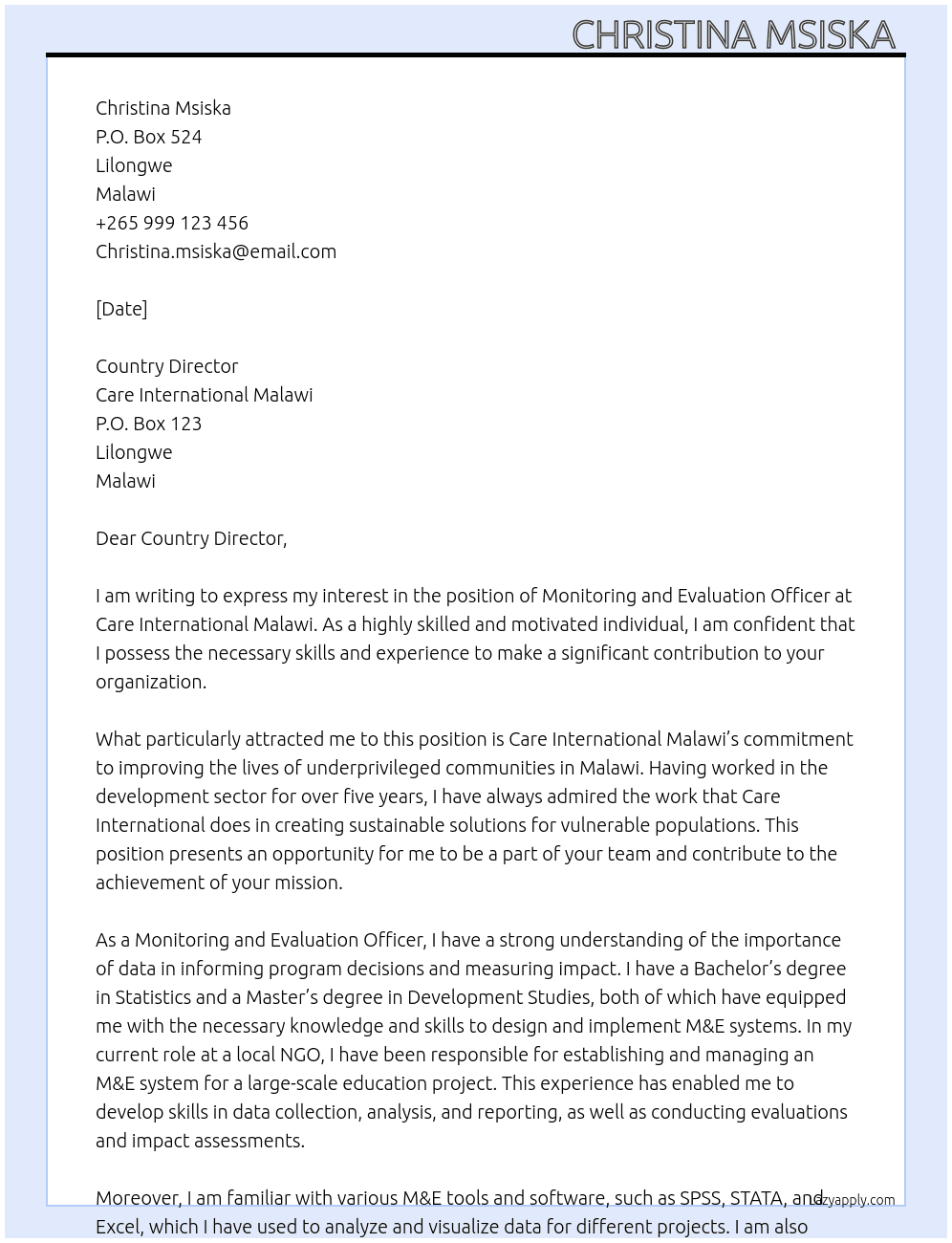 MONITORING AND EVALUATION OFFICER At Care international malawi  Cover Letter
