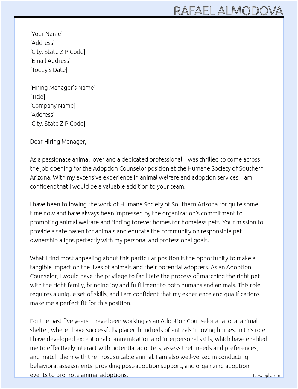 Adoption Counselor At  Humane Society Of Southern Arizona Cover Letter