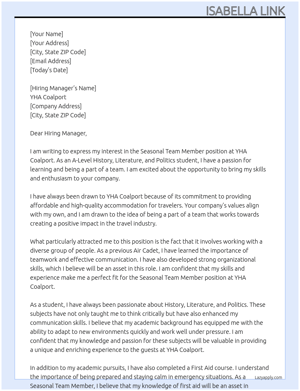 Seasonal Team Member At YHA Coalport Cover Letter