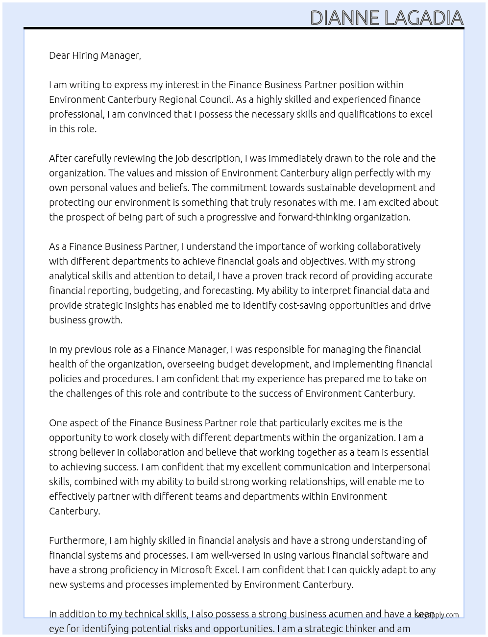 Finance Business Partner At Environment Canterbury Regional Council Cover Letter