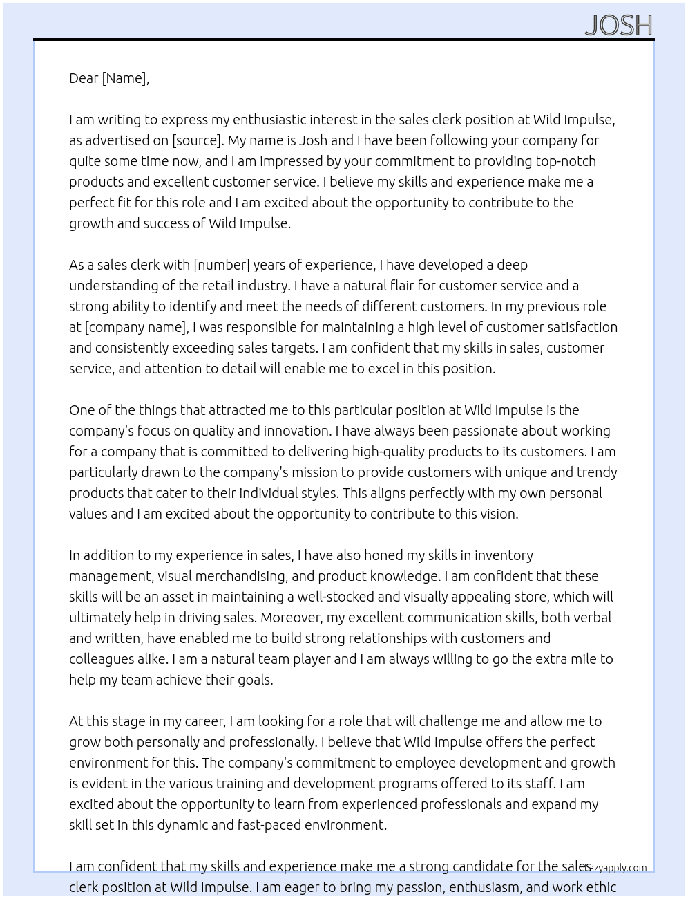 sales clerk At Wild Impulse Cover Letter