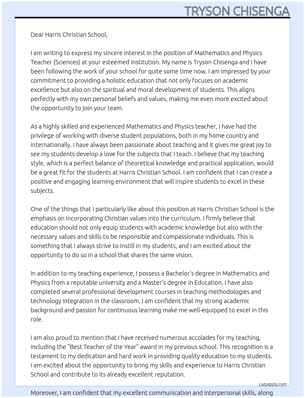 Position: Mathematics and Physics Teacher (Sciences) At personal Cover Letter
