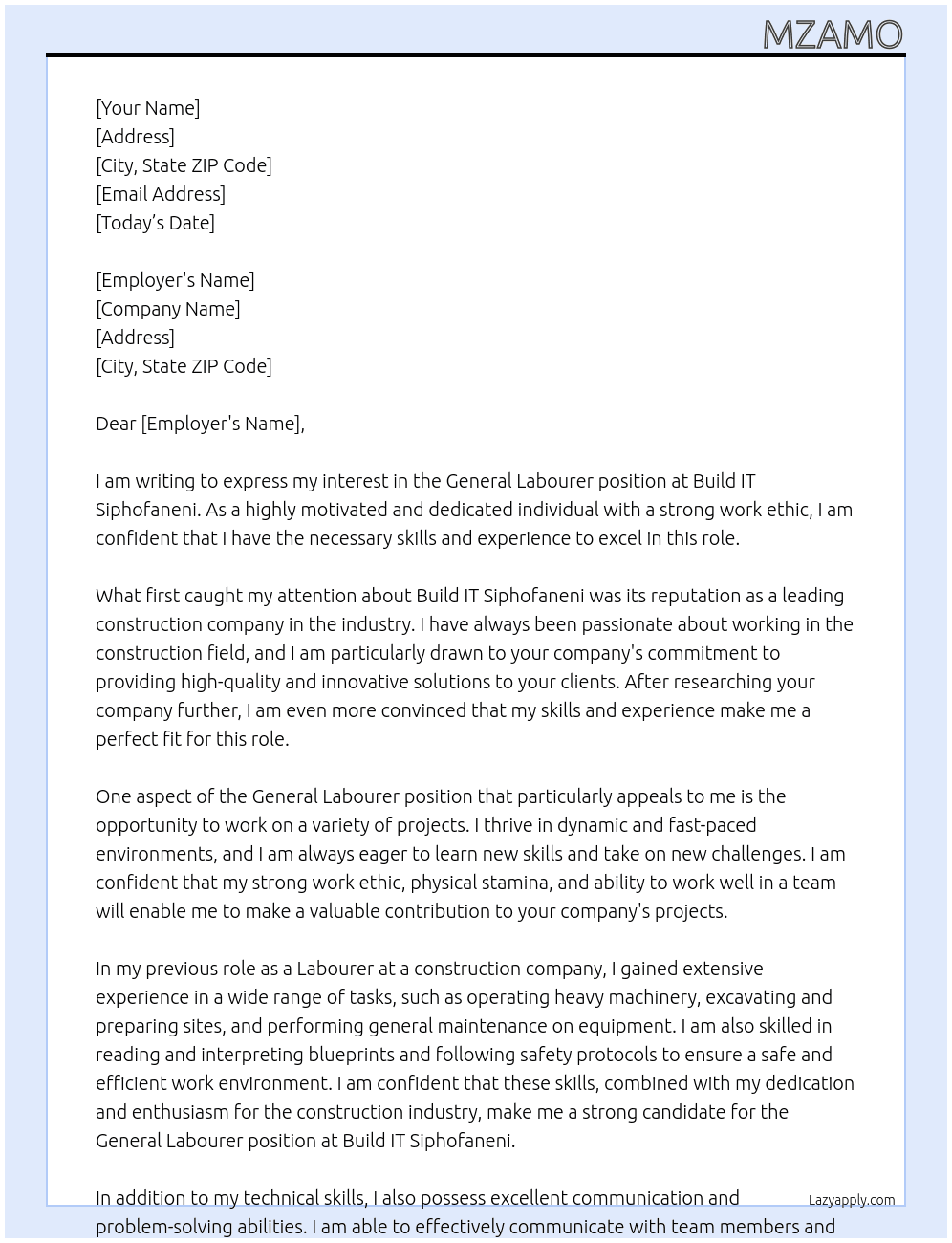 General Labourer At Build IT Si[phofaneni Cover Letter