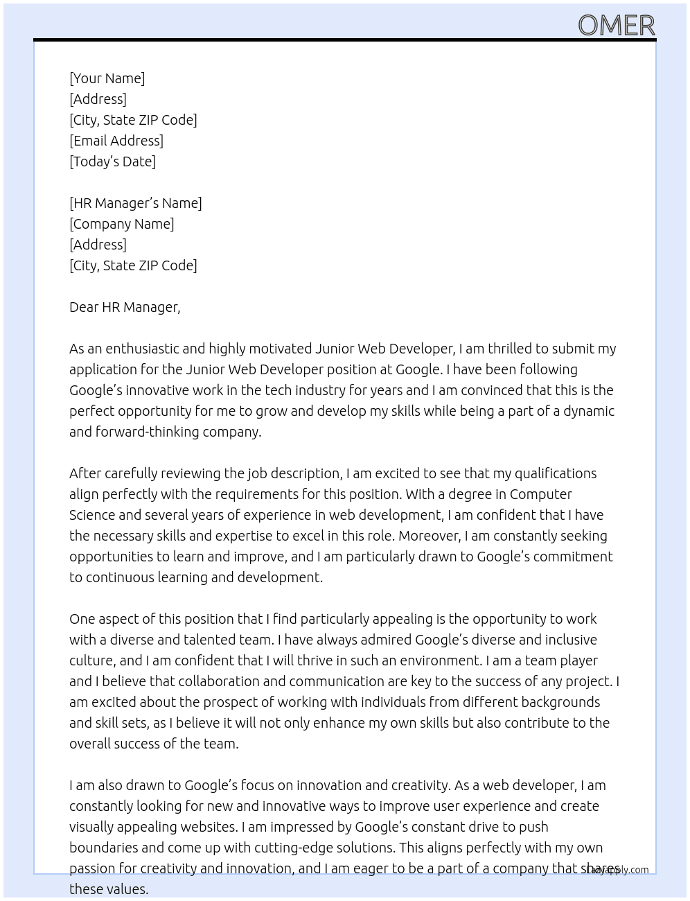 Junior web developer  At Google Cover Letter