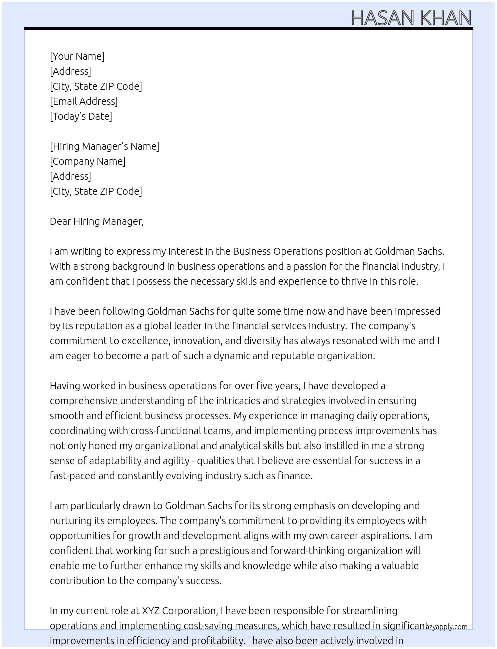 Business Operations At Goldman sachs Cover Letter