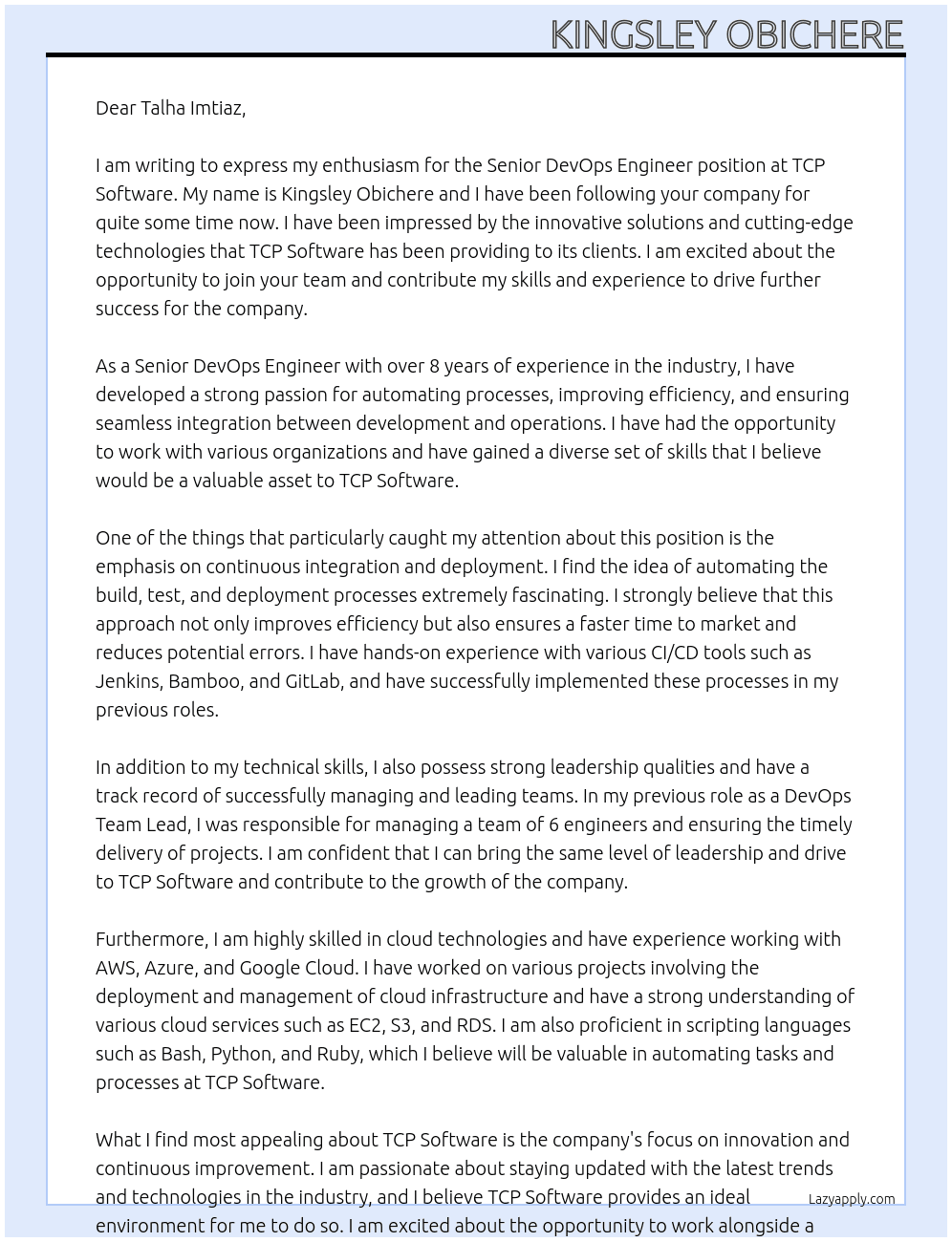 Senior DevOps Engineer At TCP Software Cover Letter
