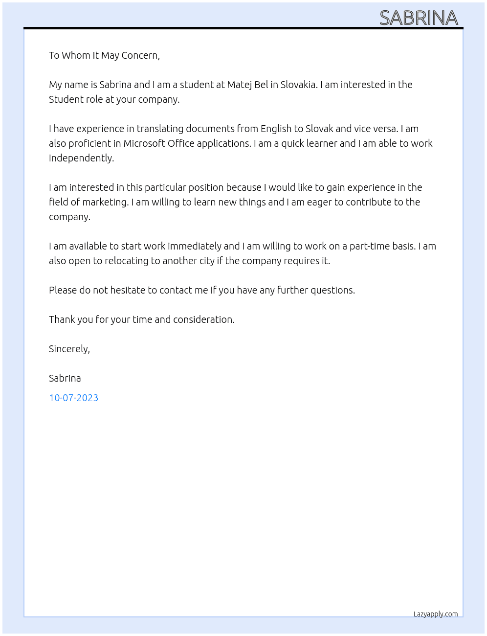 Student  At Matej Bel Cover Letter