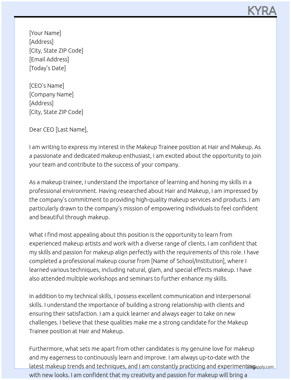 Makeup trainee At Hair and makeup  Cover Letter