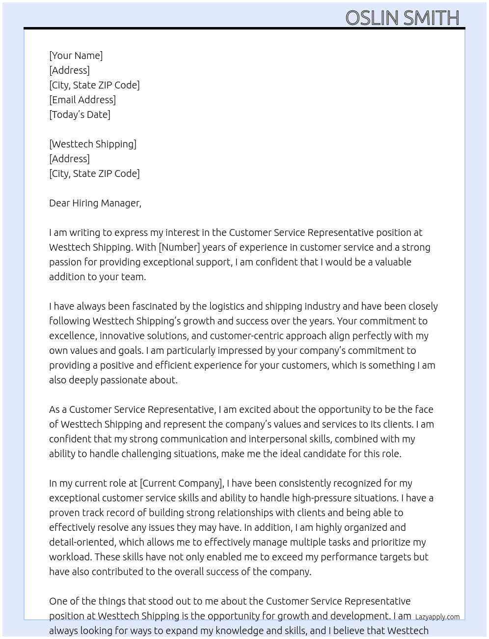 Customer Service Representative At Westtech shipping  Cover Letter