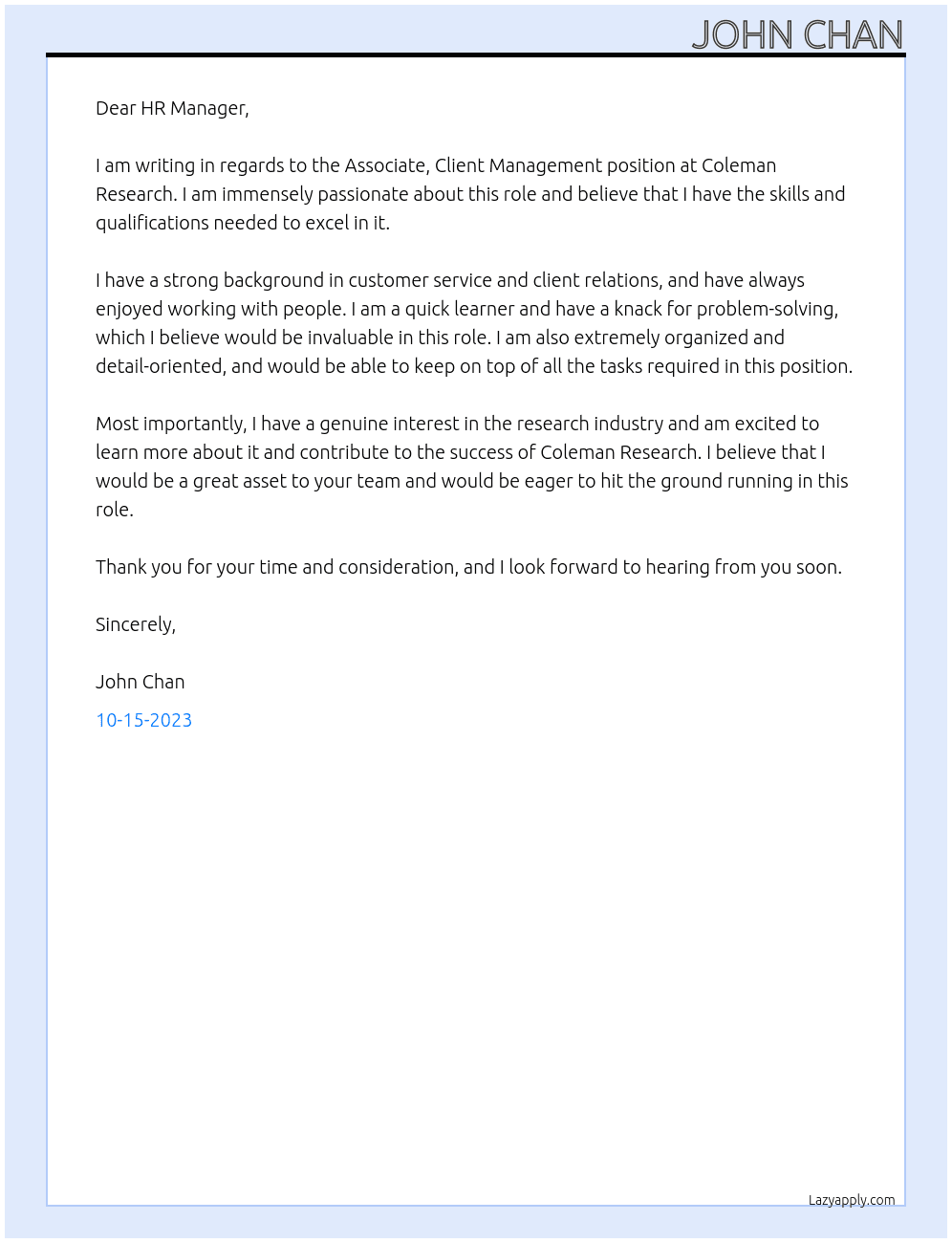 Associate, Client Management  At Coleman Research Cover Letter