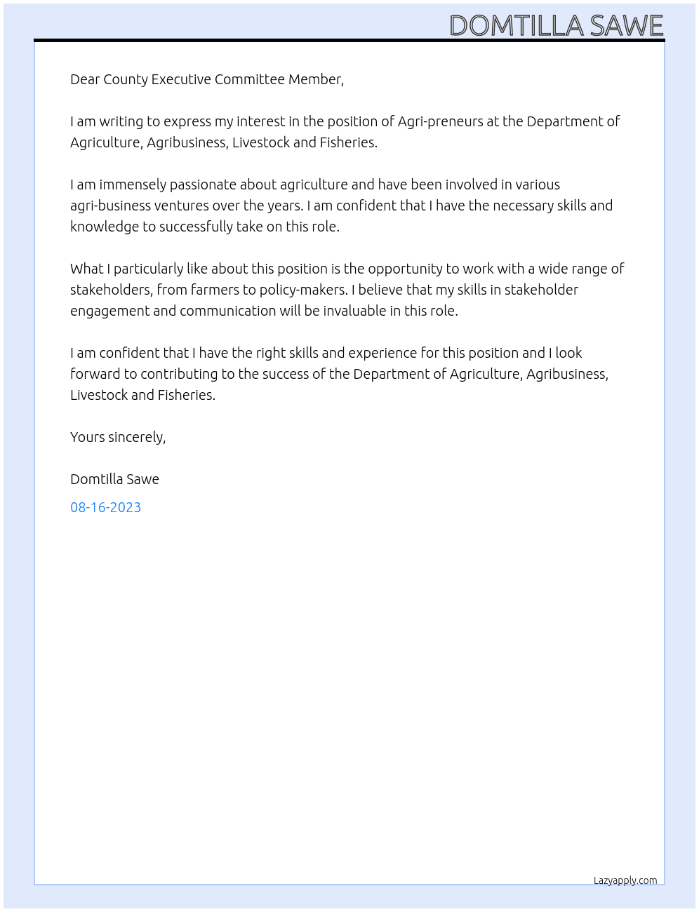 Agri-preneurs At Department of agriculture, Agribusiness, livestock and fisheries. Cover Letter