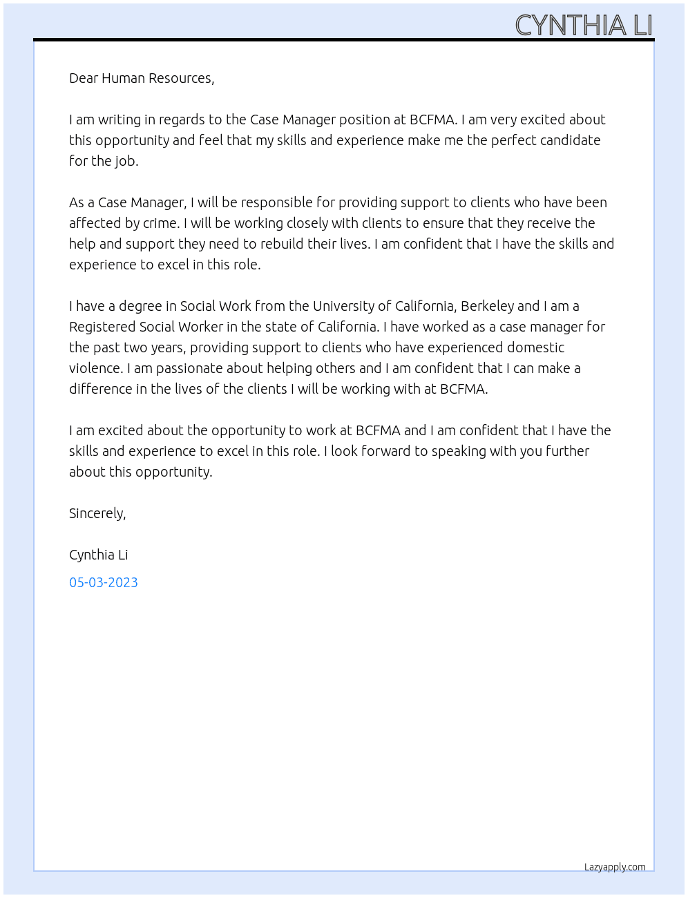 Case Manager At BCFMA Cover Letter