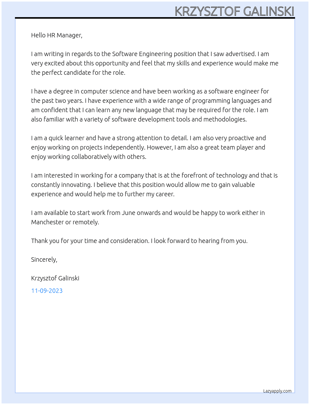 Software Engineering At NA Cover Letter