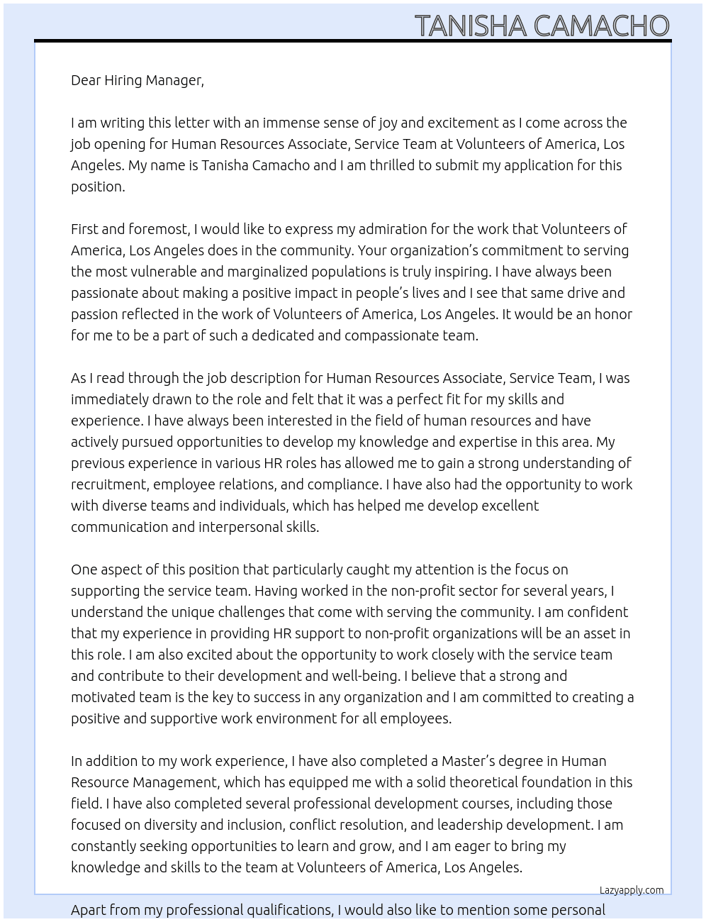 Human Resources Associate, Service Team At Volunteers of America, Los Angeles Cover Letter