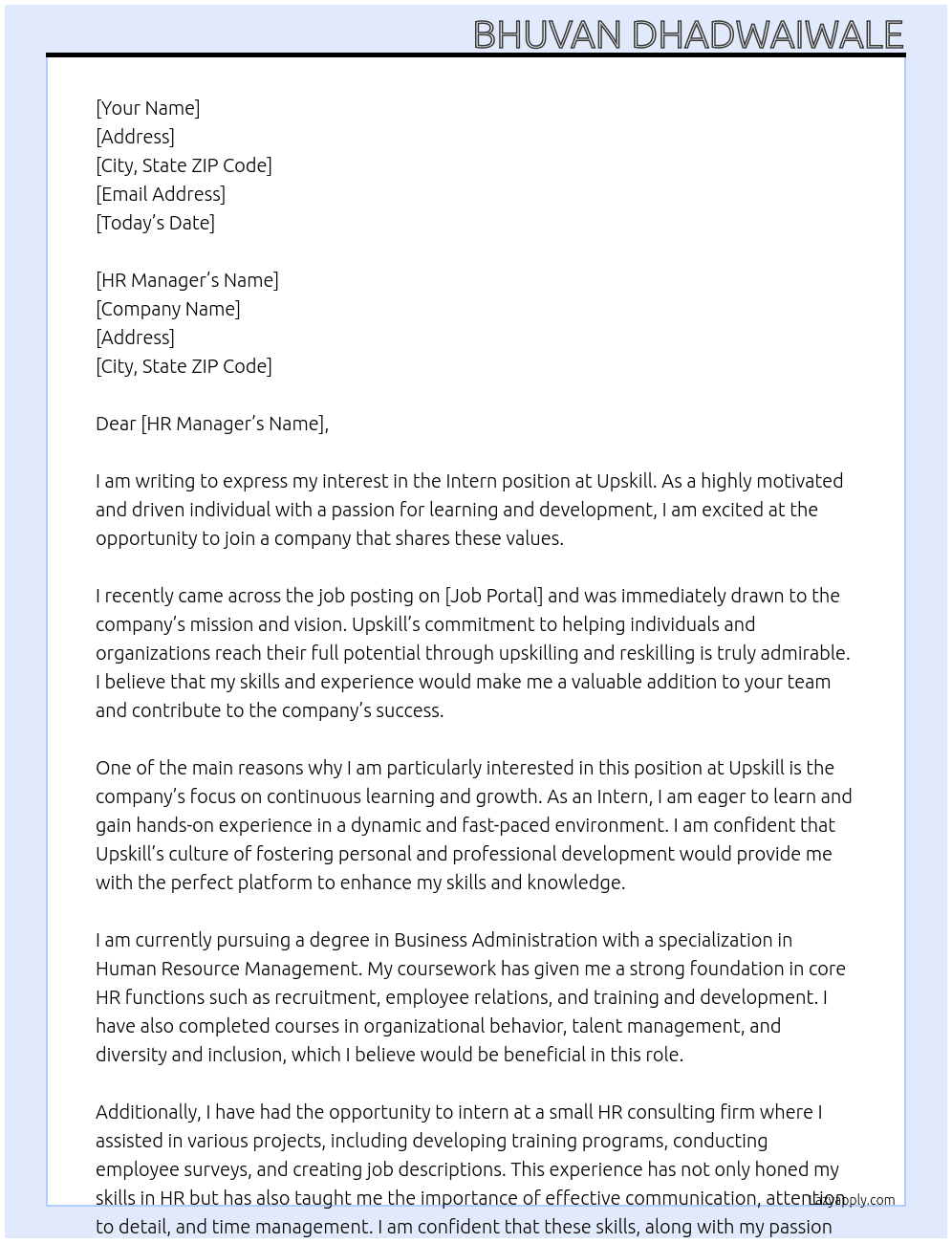 Intern At Upskill Cover Letter