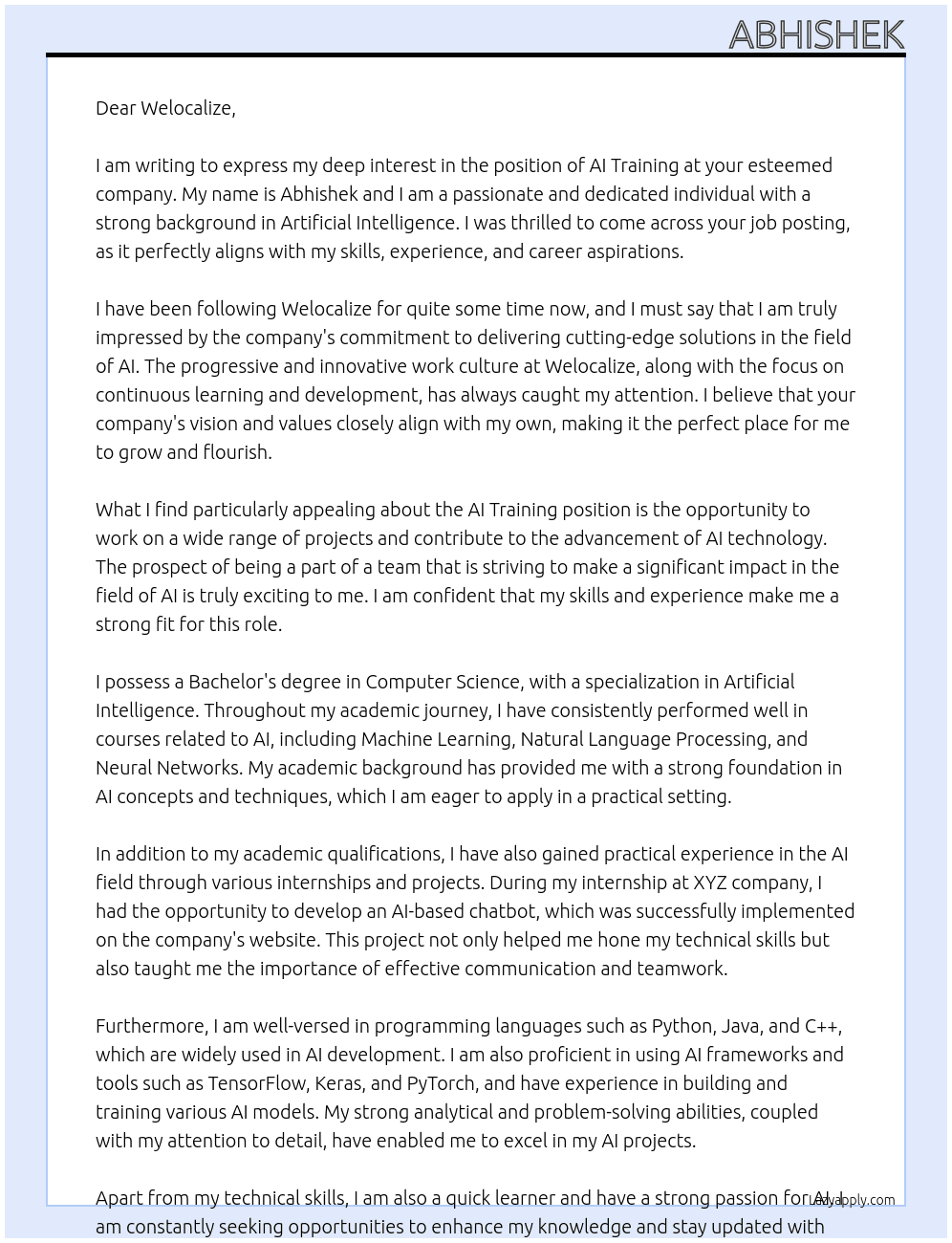 AI Training At Welocalize Cover Letter