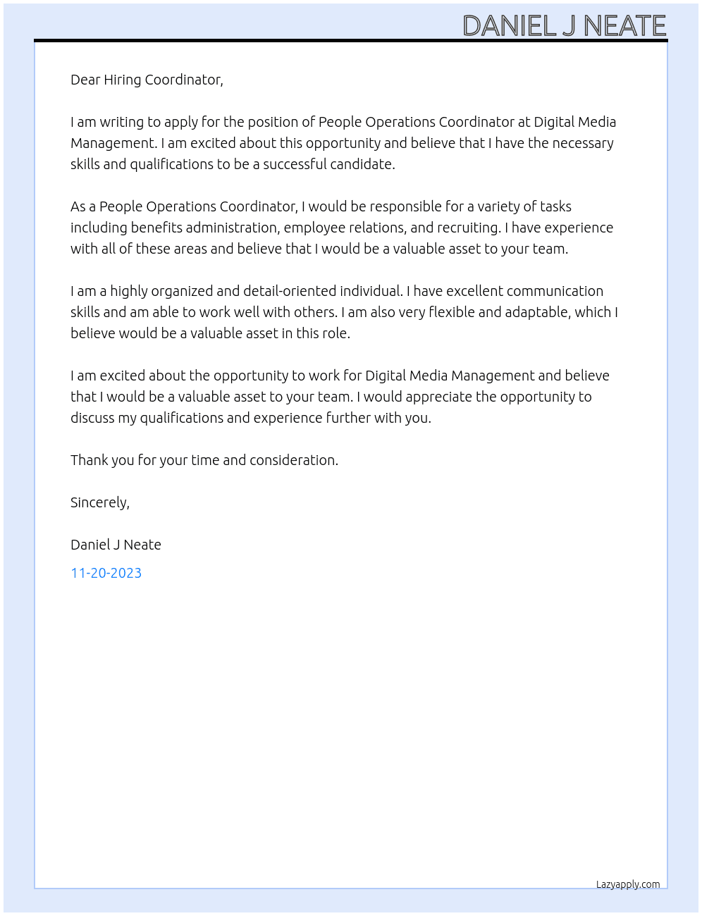 People Operations Coordinator At Digital Media Management Cover Letter
