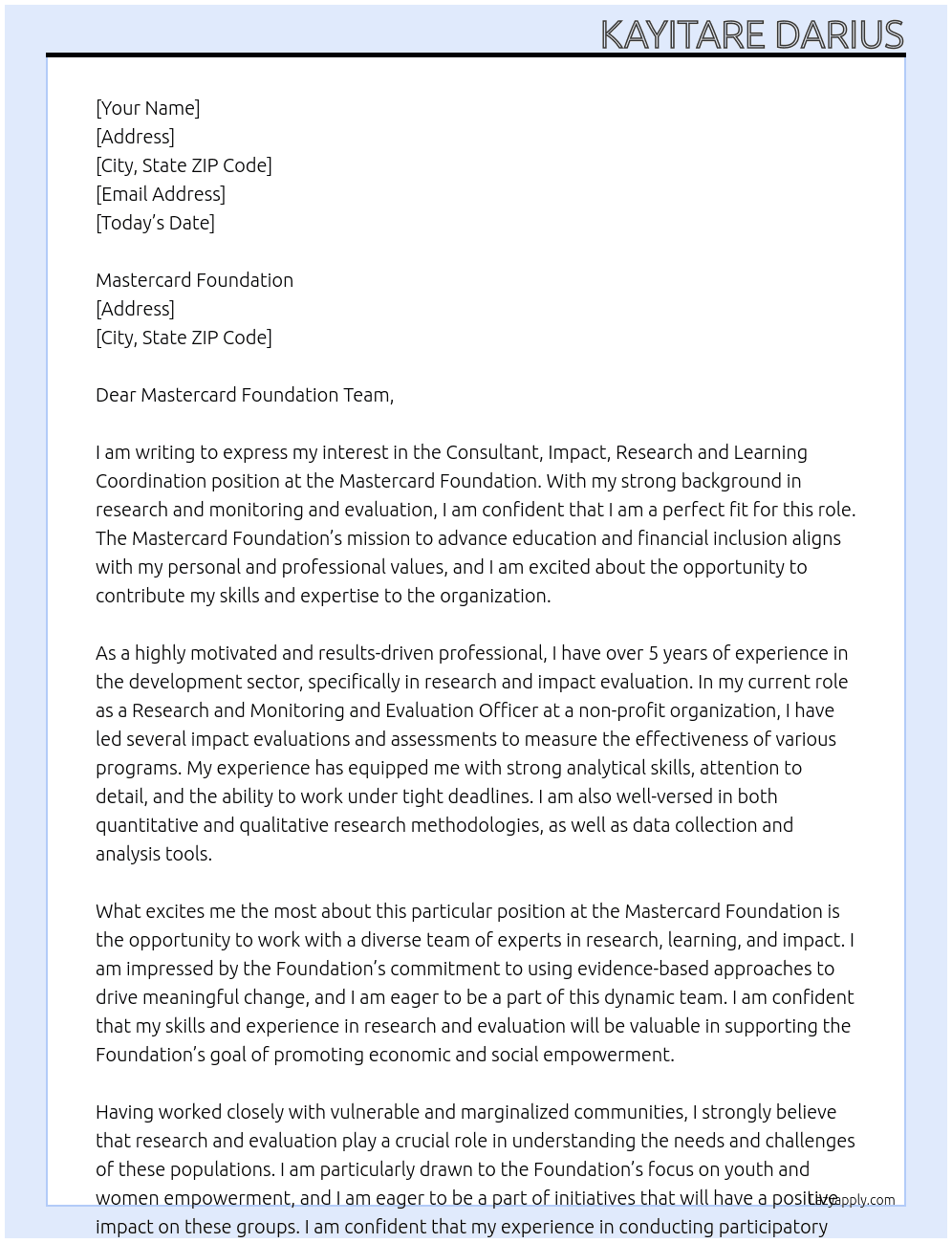Consultant, Impact, Research and Learning Coordination position  At Mastercard Foundation Cover Letter