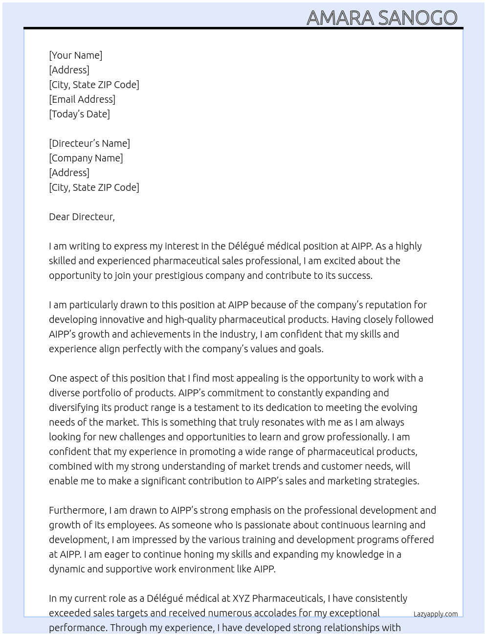 Délégué médical  At AIPP Cover Letter