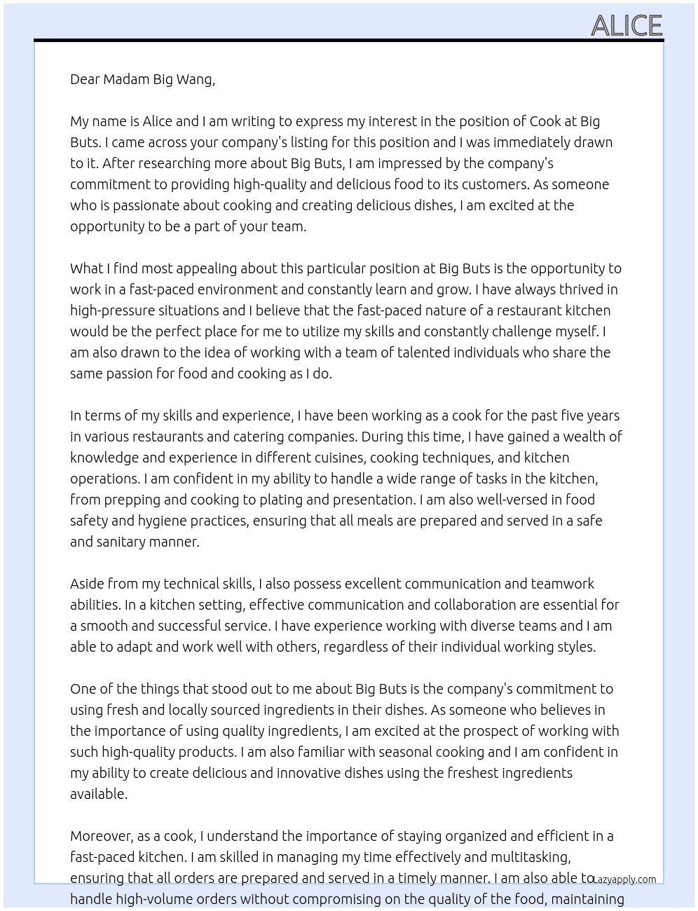 cook At big buts Cover Letter