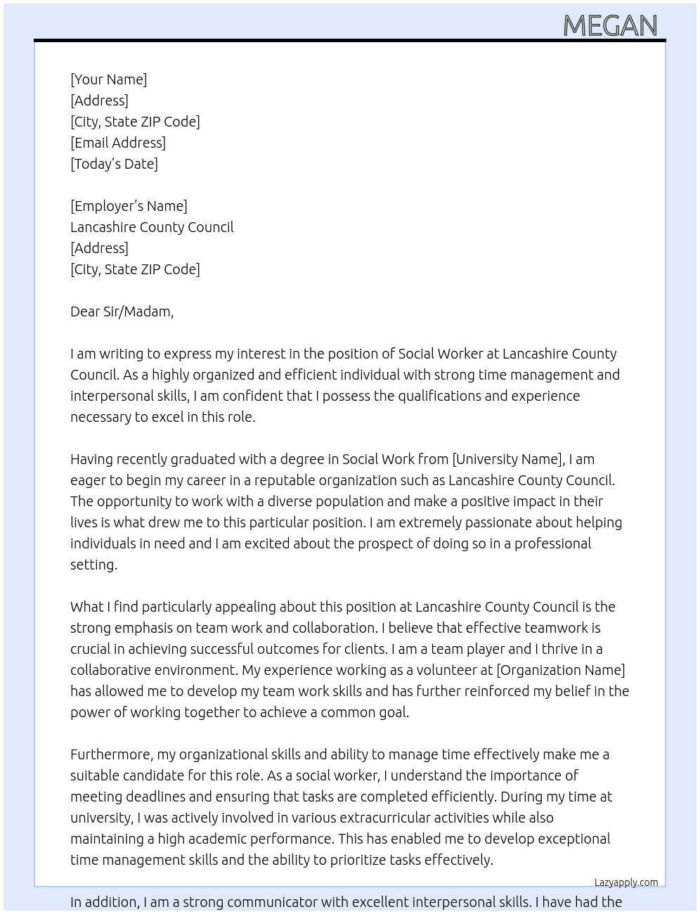 Social worker  At Lancashire County Council  Cover Letter