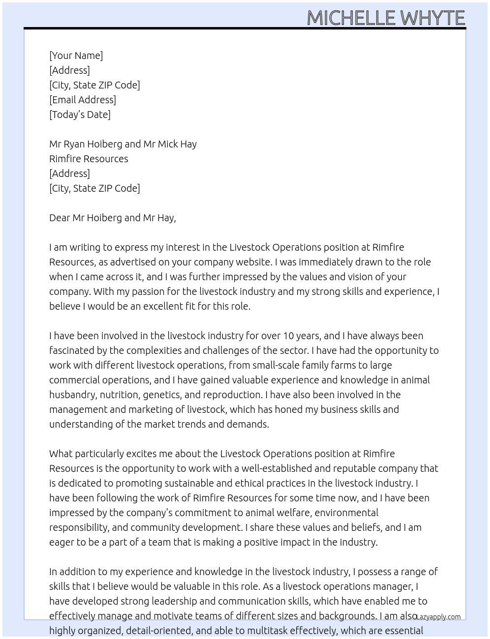Cover letter for livestock operations - LazyApply