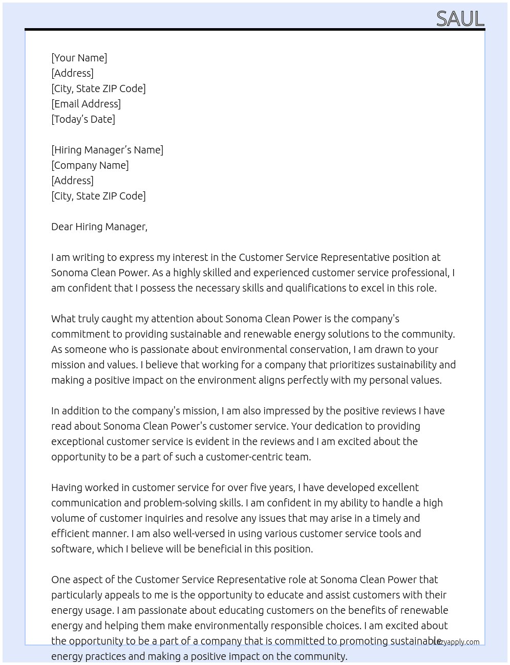 Customer service representative At Sonoma clean power Cover Letter