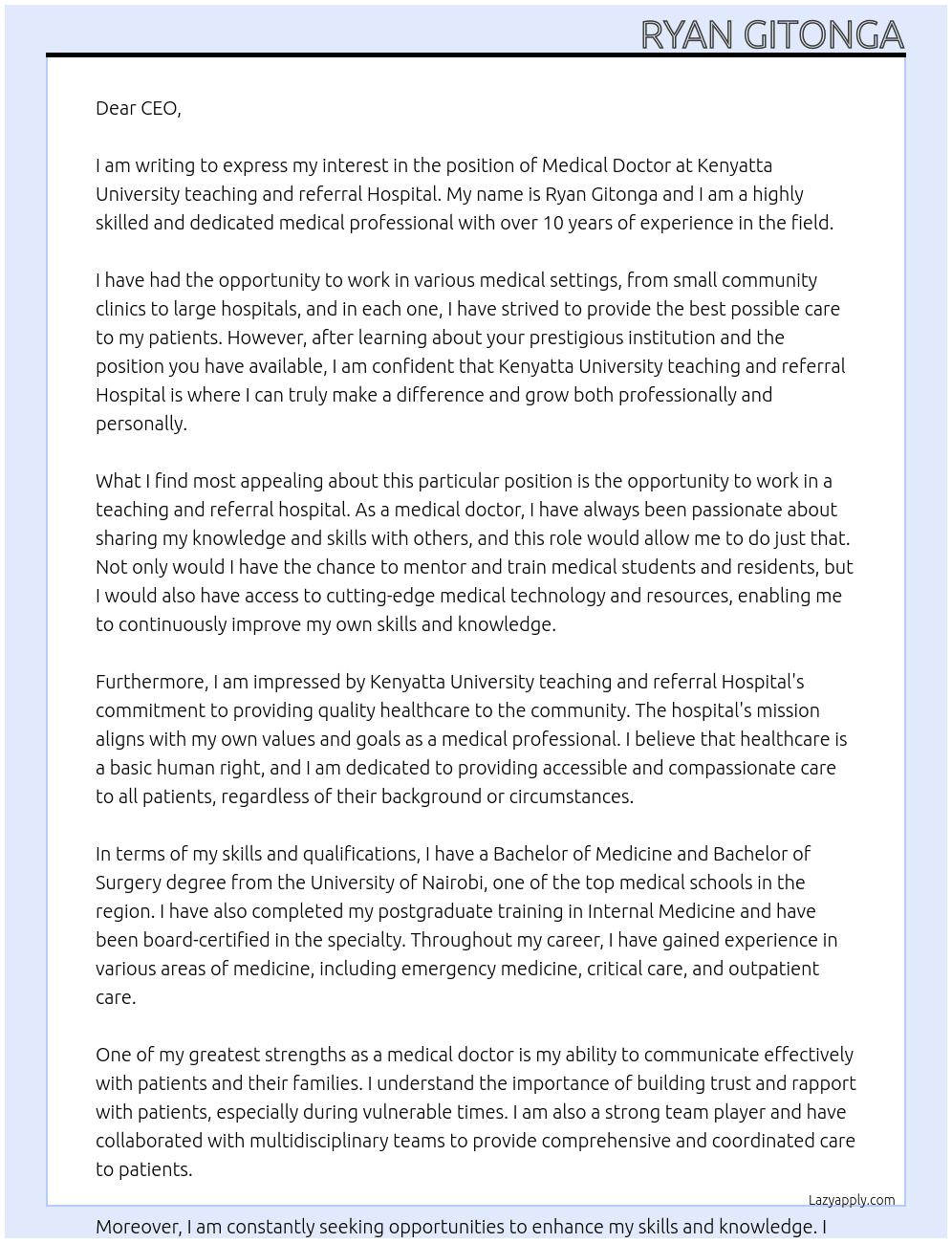 Medical Doctoe At Kenyatta University teaching and referral Hospital Cover Letter