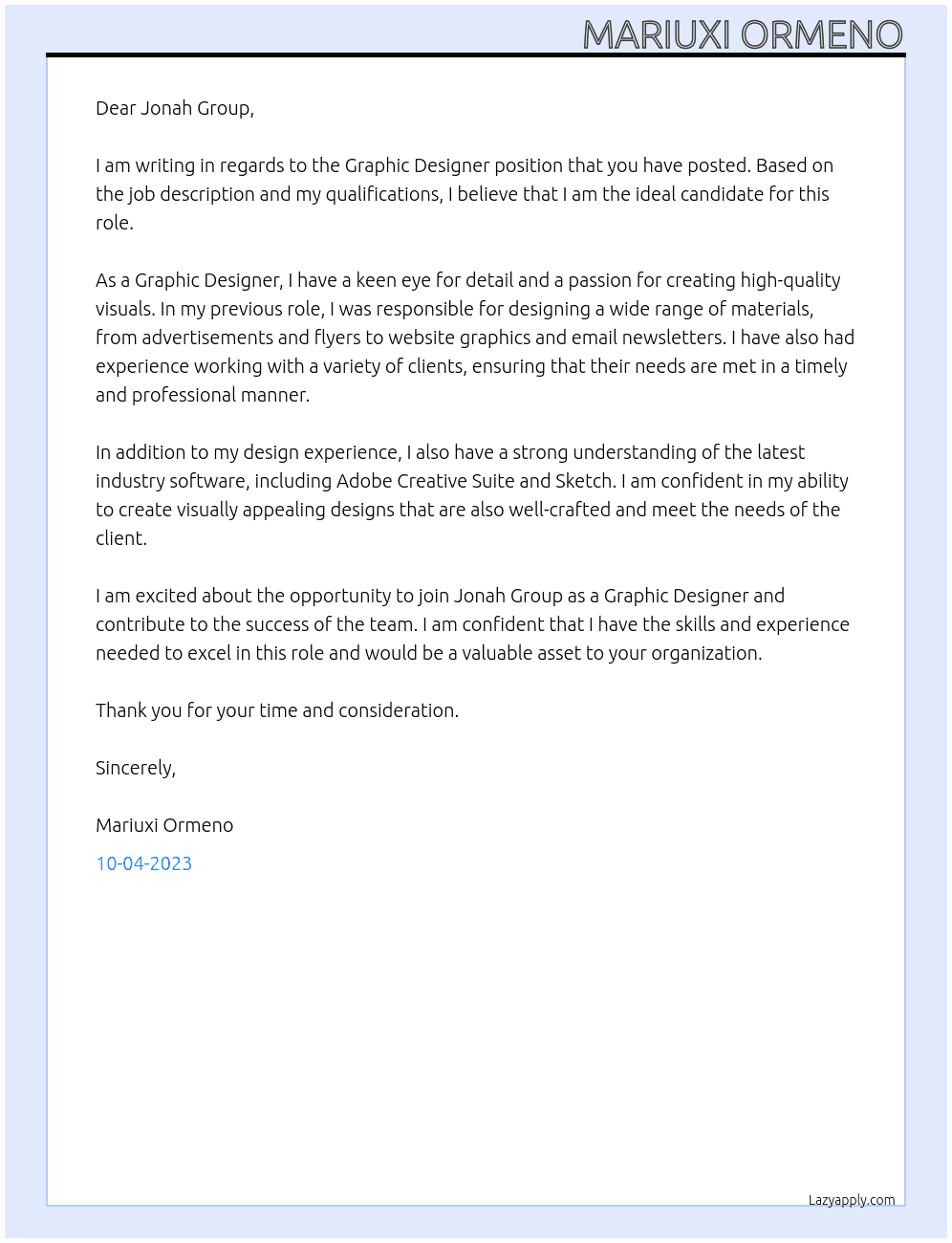 Graphic Designer At Jonah Group Cover Letter