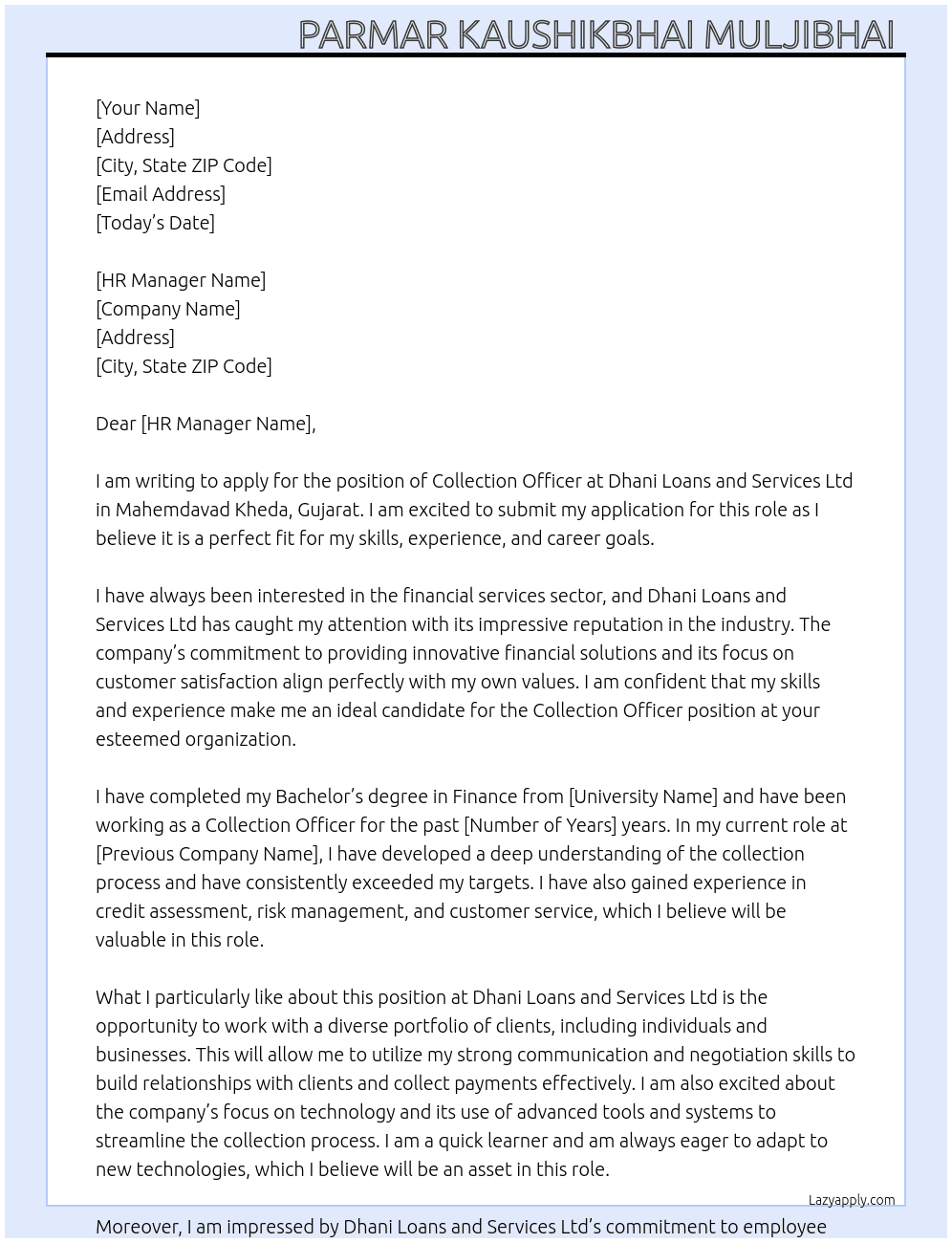 Collection officer mahemdavad kheda gujarat  At Dhani loans and services Ltd  Cover Letter