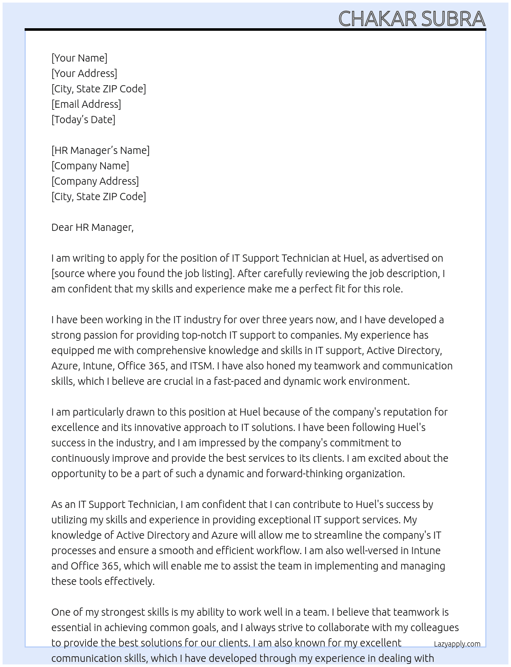 IT Support Technician At Huel Cover Letter