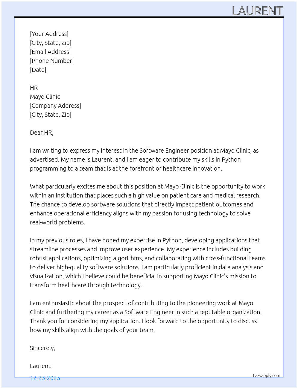 Software Engineer At Mayo Clinic Cover Letter