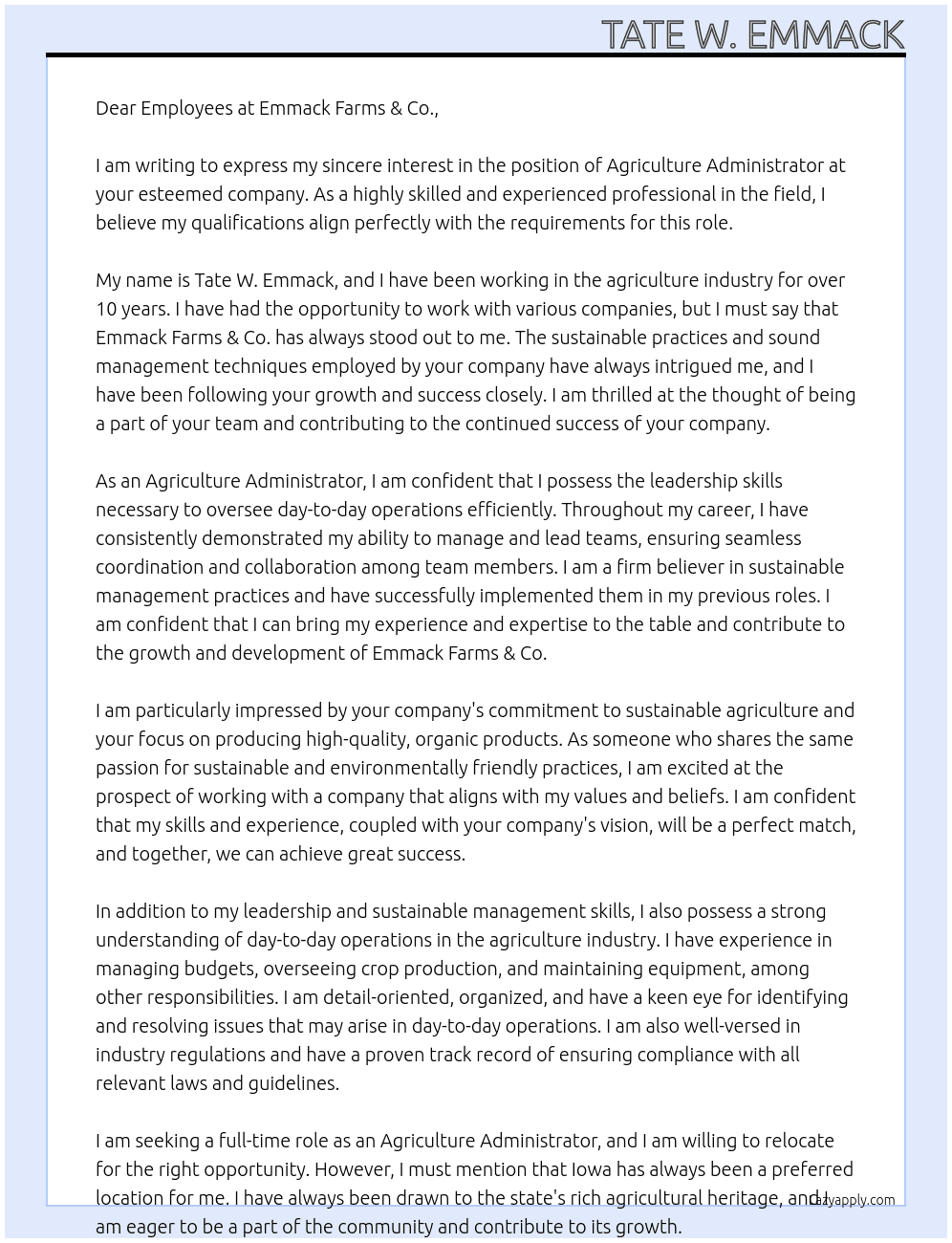 Agriculture Administrator  At Emmack Farms & Co. Cover Letter