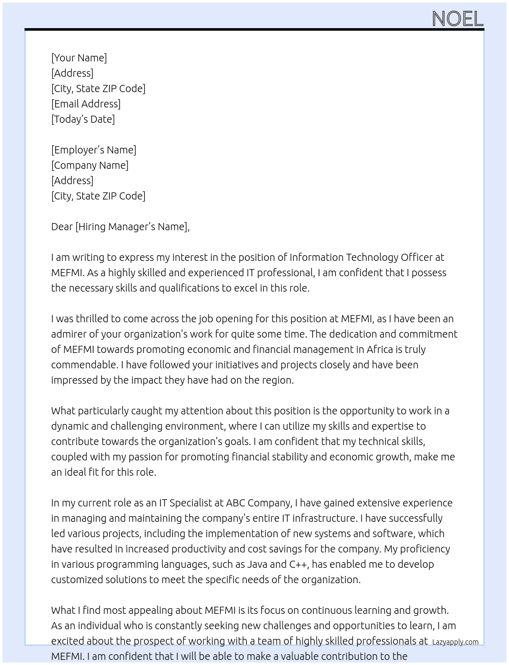 Information Technology Officer At MEFMI Cover Letter