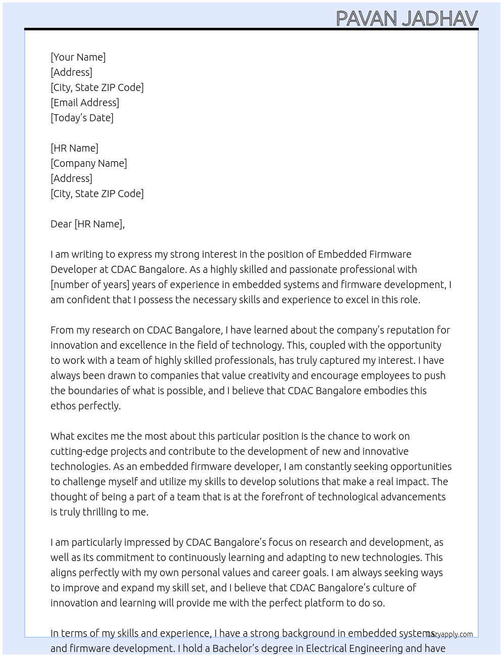 Embedded Firmware Developer At CDAC Bangalore Cover Letter