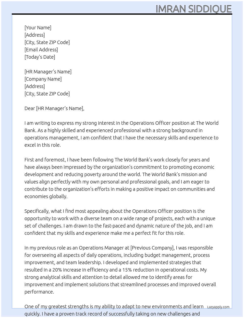 Operations Officer At The world Bank Cover Letter