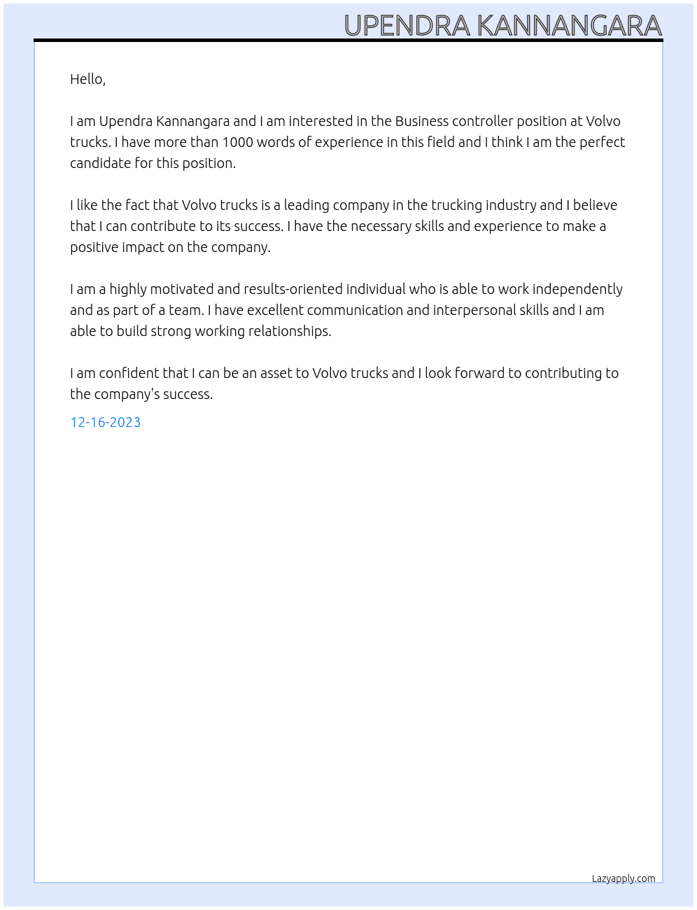 Business controller  At volov trucks  Cover Letter