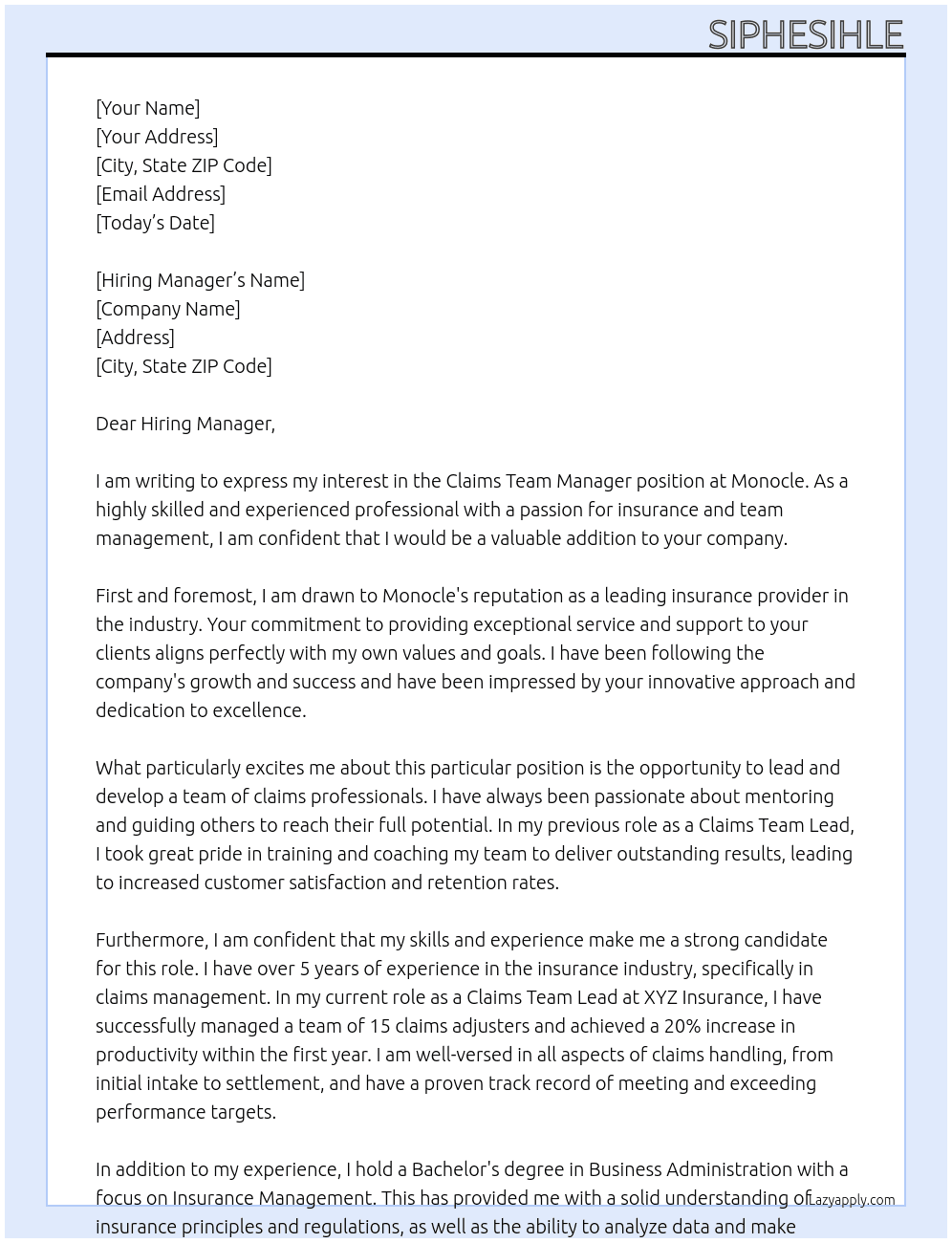 Claims team manager At Monocle Cover Letter