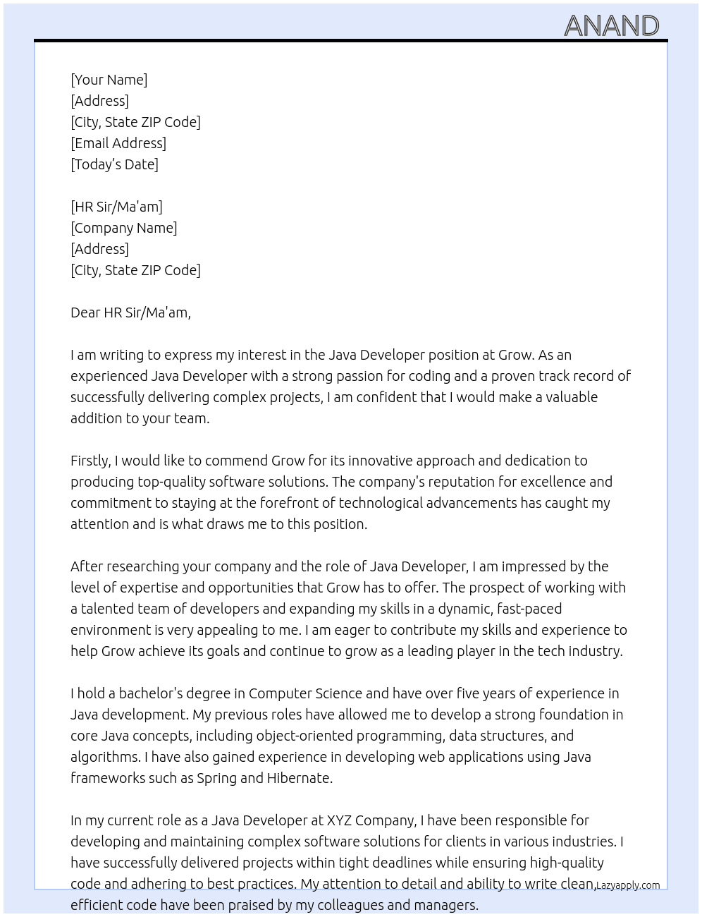 Java developer At Grow Cover Letter