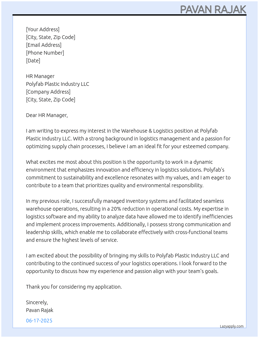 Cover letter for warehouse & logistic - LazyApply